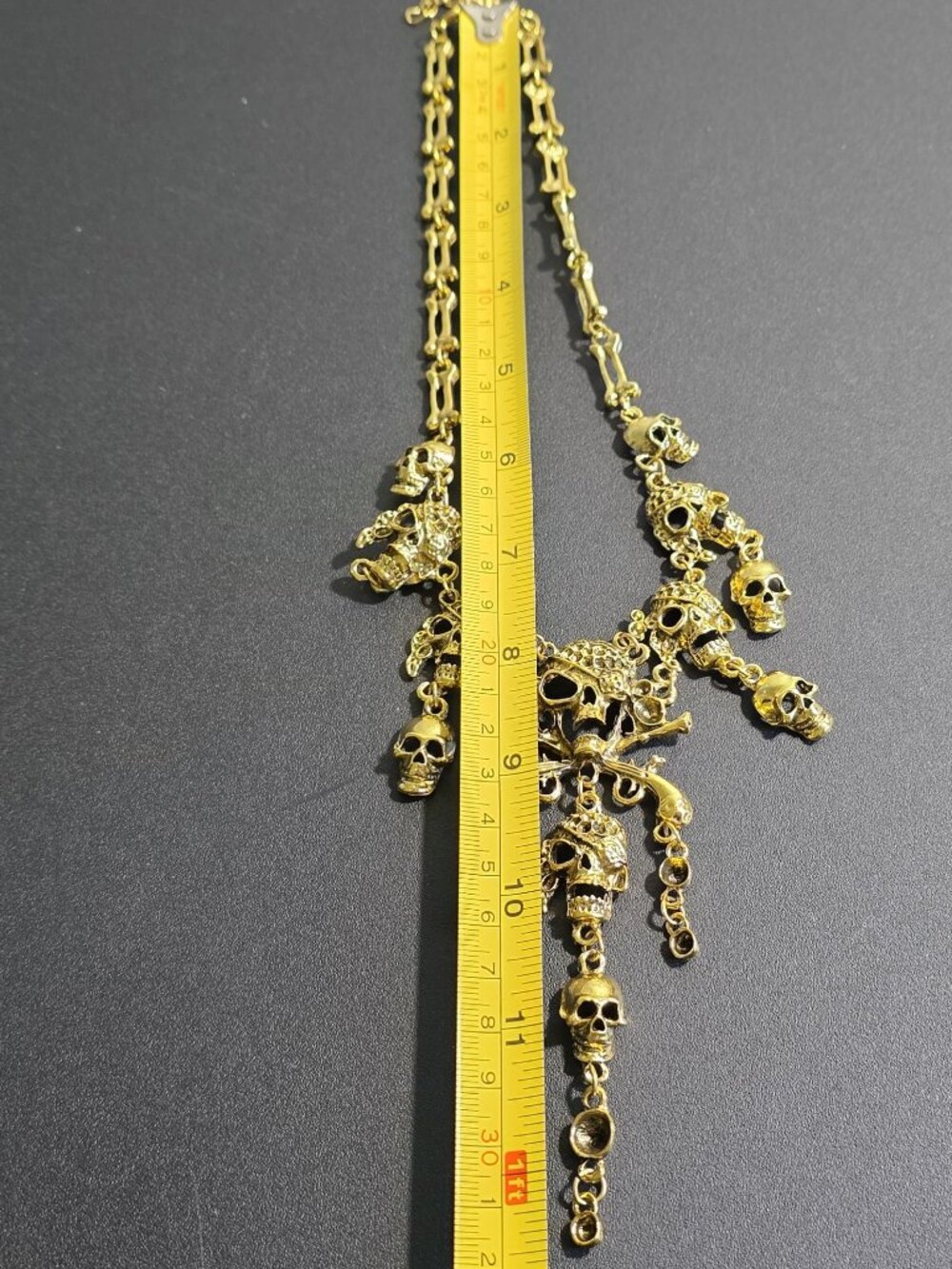 Gold Tone Pirate Skull Statement Necklace Bones Chain - Picture 7 of 9
